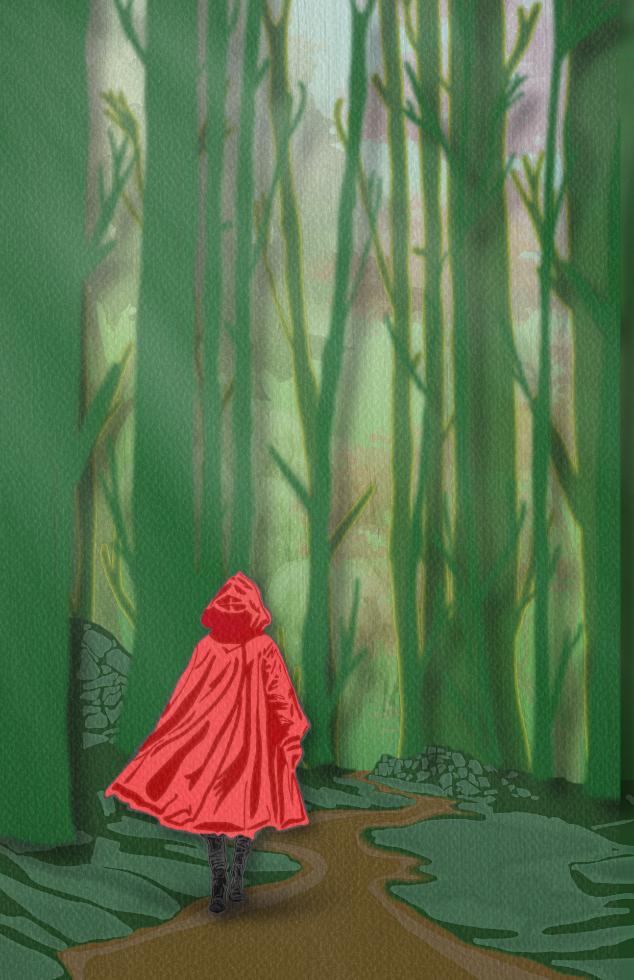 A figure in a red cloak walks a path through deep green woods